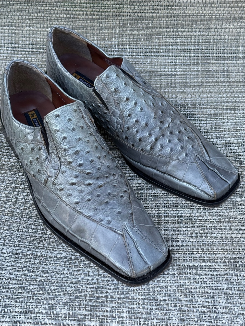 Stacy Adams Gray Leather Alligator Skin 
Ostrich & Croc-Embossed Slip-On Loafers